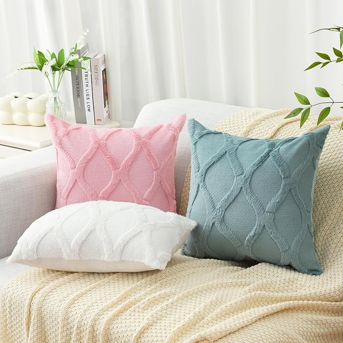 decorUhome Spring Throw Pillow Covers 16x16 Inch Set of 2, Soft Plush Faux Fur Wool Blush Pink Accent Couch Pillow Covers for Modern Farmhouse Bed Sofa Living Room