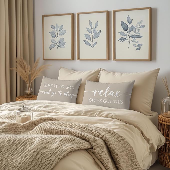 Warm Beige Lumbar Pillow Covers 12x20 Inch Set of 2 – Christian Throw Pillowcase for Couch – Give It to God and Go to Sleep/Relax God’s Got This – Faith-Based Decor