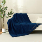 Throw Blanket for Couch, Navy Blue Luxury Knitted Throws 50"x60", Textured Blankets with Handmade Fringe Tassels for Bed Sofa Decorative, Chunky Soft Farmhouse Boho Home Decor