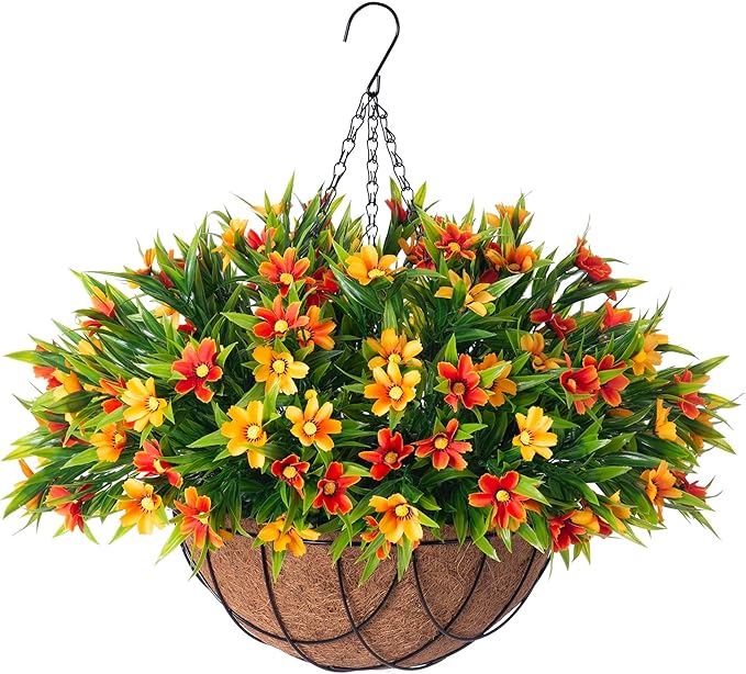Artificial Hanging Flowers with 12" Basket for Outdoor Decor, Faux Silk Daisy Flower UV Resistant Plants Arrangements Decoration for Indoor Porch Garden Yard(Orange)