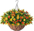 Artificial Hanging Flowers with 12" Basket for Outdoor Decor, Faux Silk Daisy Flower UV Resistant Plants Arrangements Decoration for Indoor Porch Garden Yard(Orange)