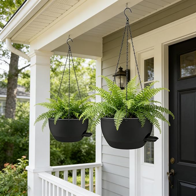 12 Inch Self Watering Hanging Planters 2 Pack, Indoor Outdoor Hanging Pots for Plants with Drainage Holes & Saucers, Black Plastic Hanging Baskets for Kitchen Balcony Garden