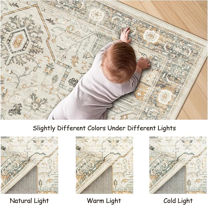 8x10 Area Rugs for Living Room, Vintage Washable Rug with Non-Slip Backing, Stain Resistant Large Area Rug for Dining Room, Soft Rugs for Bedroom (Orange/Light Grey, 8'x10')