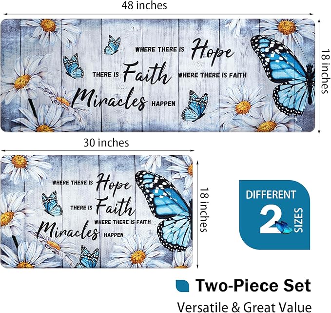 Likiyol Butterfly Floral Kitchen Rugs 2 Piece Farmhouse Kitchen Mats Cushioned Anti Fatigue, Non Slip Washable Kitchen Mats for Floor White Daisy Comfort Mat for Home Sink, 18'' x 30'' + 18'' x 48''