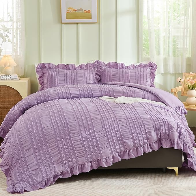 WONGS BEDDING Purple Comforter Set King,3 Pieces Ruffle Farmhouse Shabby Chic Comforter for King Bed,Soft Textured Boho Bedding Set with 1 Ruffle Comforter,2 Tufted Pillowcases 104"×90"