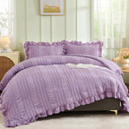 WONGS BEDDING Purple Comforter Set King,3 Pieces Ruffle Farmhouse Shabby Chic Comforter for King Bed,Soft Textured Boho Bedding Set with 1 Ruffle Comforter,2 Tufted Pillowcases 104"×90"