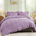 WONGS BEDDING Purple Comforter Set Queen,3 Pieces Ruffle Farmhouse Shabby Chic Comforter for Queen Bed,Soft Seersucker Textured Boho Bedding Set with 1 Ruffle Comforter,2 Tufted Pillowcases 90"×90"