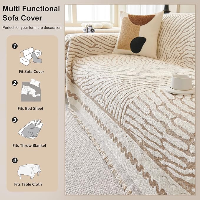 ROOMLIFE Thicked Striped Couch Cover with Tassel Khaki Chenille Sofa Cover Blanket for Sectional Sofa, Soft Sofa Slipcovers for L Shaped Love Seat 2-3 Cushion Couch Anti Slip Sofa Protector, 71"x150"