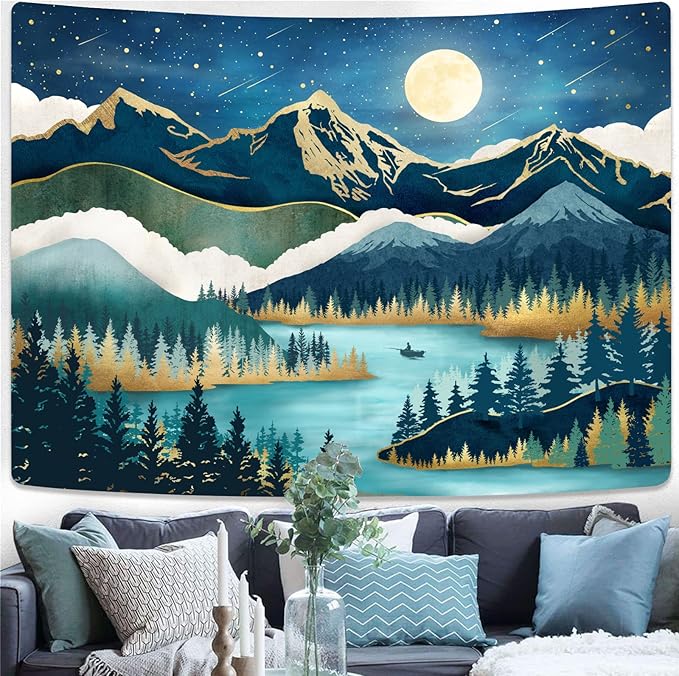 Accnicc Mountain Tapestry Nature Forest Tree Tapestries for Bedroom Aesthetic Starry Night Moon Stars Tapestrys Wall Hanging Teal Abstract Wall Tapestry for Dorm Living Room (Teal, 60'' × 44'')