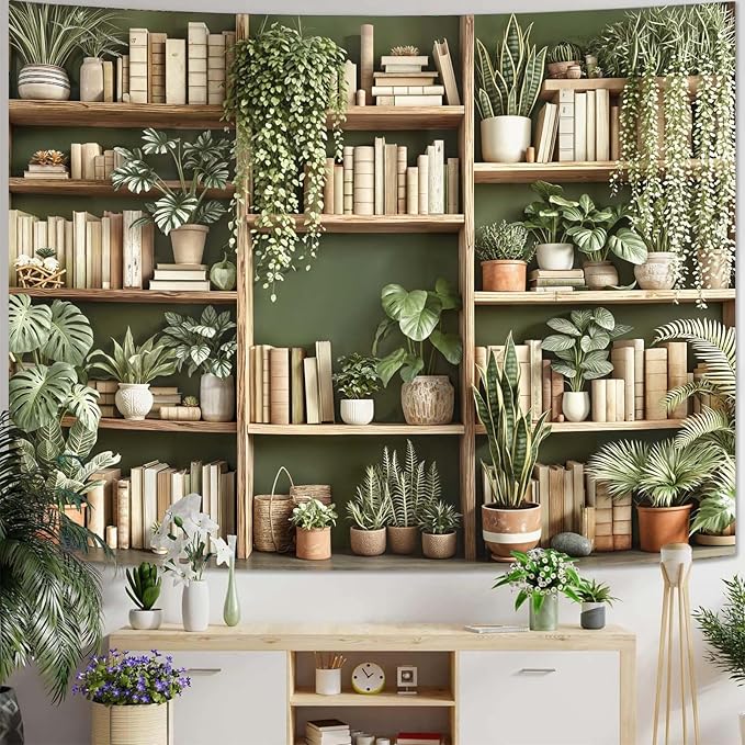 Accnicc Green Plant Bookshelf Tapestry Botanical Bookshelf Tapestries Wall Hanging Modern Potted Plants Bookshelf Backdrop Large Tapestry for Bedroom Living Room Dorm 80 x 60 inch