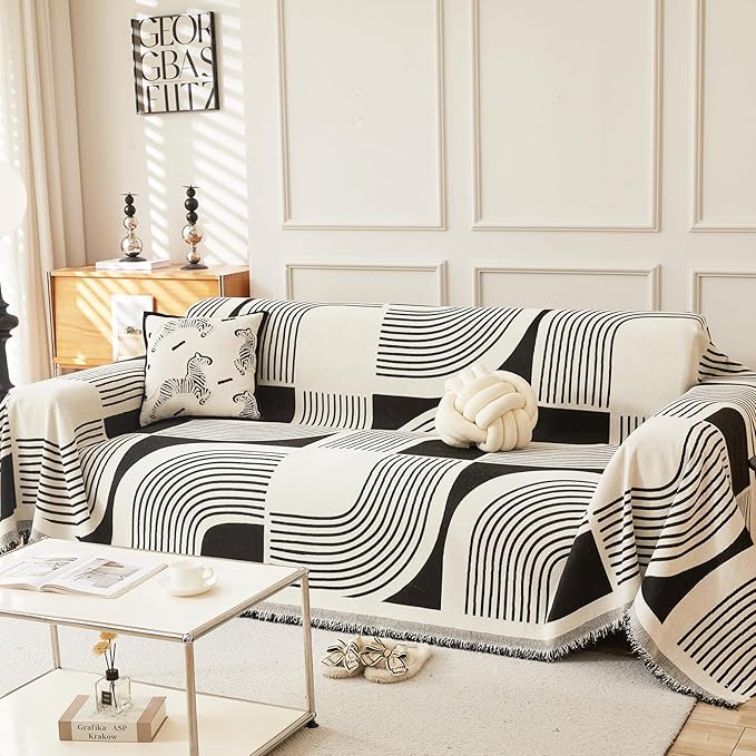 Boho Couch Cover Sofa Covers Washable, Chenille Couch Covers for 3 Cushion Couch Sofa Pet Friendly, Bohemian Sofa Slipcovers for Sectional Sofa, Loveseat, 2 3 4 Seater (71" x 102", Black)