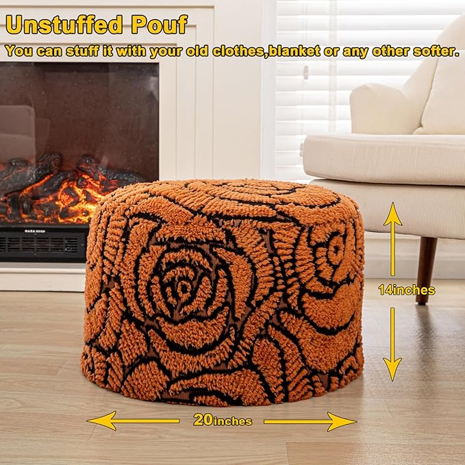 Asuprui Fluffy Flower Pouf Ottoman Cover Only – 20"x14" Round Plush Fuzzy Pouf Shell for Footrest, Stool or Floor Seat, Soft Removable Home Decor (No Insert Included) (Burnt Orange)