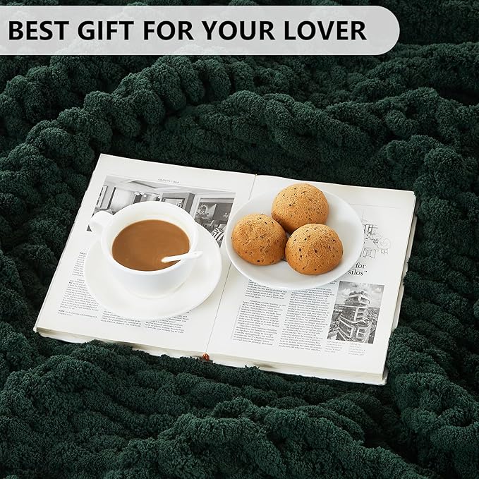 L'AGRATY Chunky Knit Blanket Throw: 50''x60'' Chenille Chunky Knitted Throw Blankets for Bed Couch - Handmade Thick Cable Knit Blanket - Large Crochet Rope Blankets for Home Decor(Olive Green)