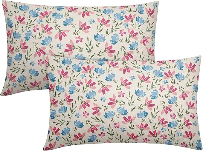 Easter Pink Blue Floral Pillow Covers 12x20 Set of 2 Spring Vintage Rustic Old Style Cute Flower Cream Print Decorative Outdoor Pillowcases Farmhouse Throw Cushion Case Decor for Couch Sofa Bed