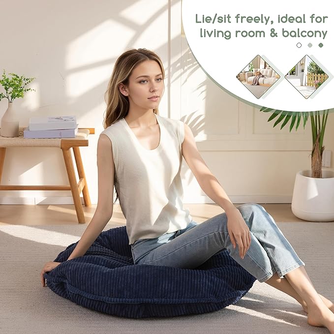 35" Washable Floor Pillow Cushion for Adults, Meditation Cushion Pillow, Extra Large Round Floor Sitting, Removable Tufted Corduroy Cover, for Tatami Living Room or Yoga, Navy, Machine Washable
