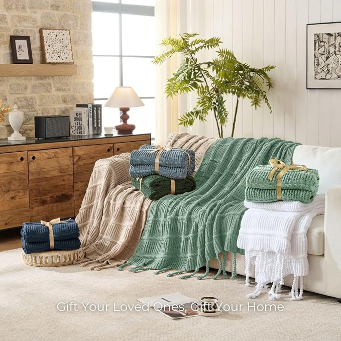 Boho Knitted Chenille Blanket with Tassels - Lightweight & Soft All-Season Throw - 3D Classic Pattern for Living Room Bedroom Couch, Sage Green, Queen 90"x90"