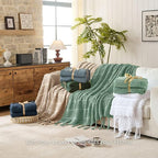 Boho Knitted Chenille Blanket with Tassels - Lightweight & Soft All-Season Throw - 3D Classic Pattern for Living Room Bedroom Couch, Sage Green, Queen 90"x90"
