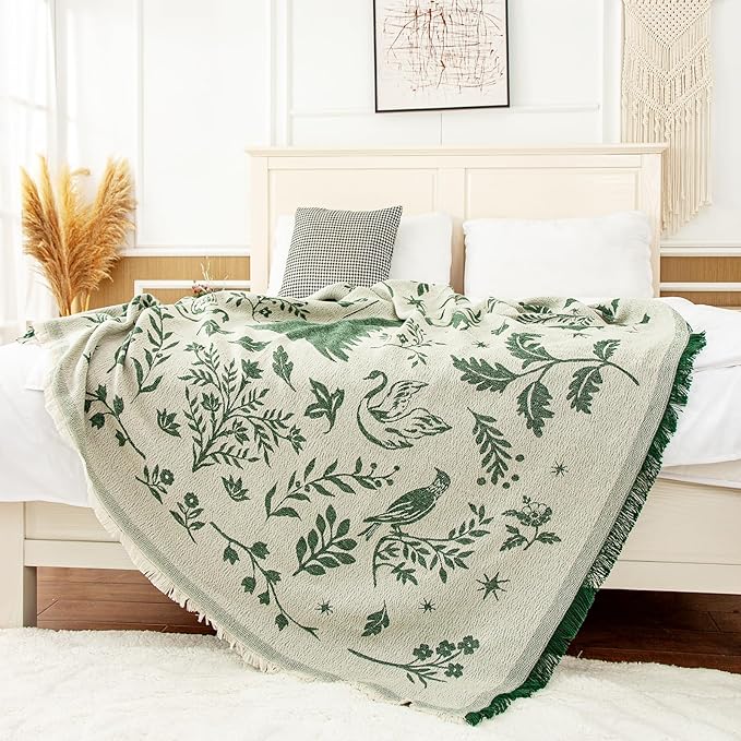 LALIFIT Boho Chic Decorative Throw Blanket Vintage Woodland Floral Bird Design with Tassels Soft Cotton Lightweight & Cozy for Home, Couch, Sofa, Farmhouse 50x60 Inches (Forest Green)