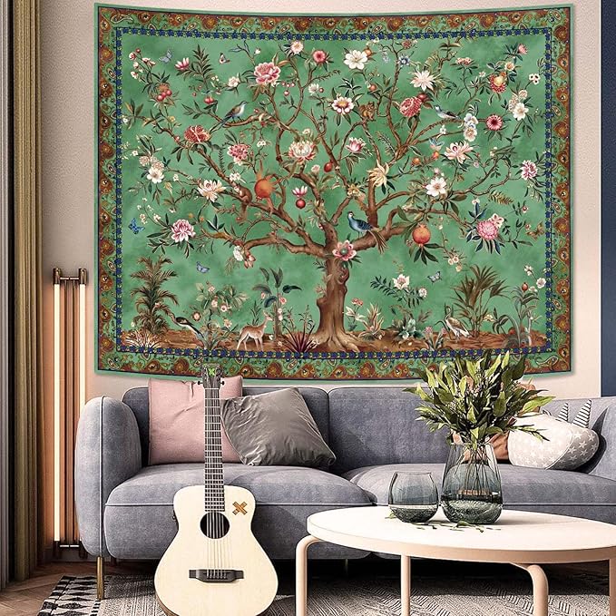 Faxdong Boho Tree of LIfe Tapestry, Vintage Flower Leaves Birds Plant Animal Pattern Tapestries, Retro Indian Bohemian Aesthetic Wall Hanging Green 44×60 inch
