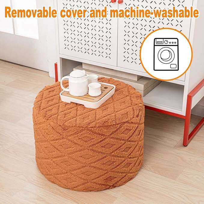 Fluffy Round Ottoman Pouf with All-in-One Foam Filling 20" x 14" Furry Ottoman Foot Rest Foot Stool for Living Room or Bedroom (Burnt Orange)