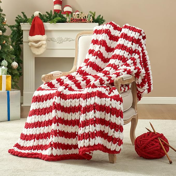 Amélie Home Chunky Knit Blanket Throw, Thick Soft Yarn Chunky Throw 50x60, Handmade Chenille Cable Knitted Crochet Throw Blanket, Warm Rope Knot Blanket for Couch Bed Sofa, Red White Stripe
