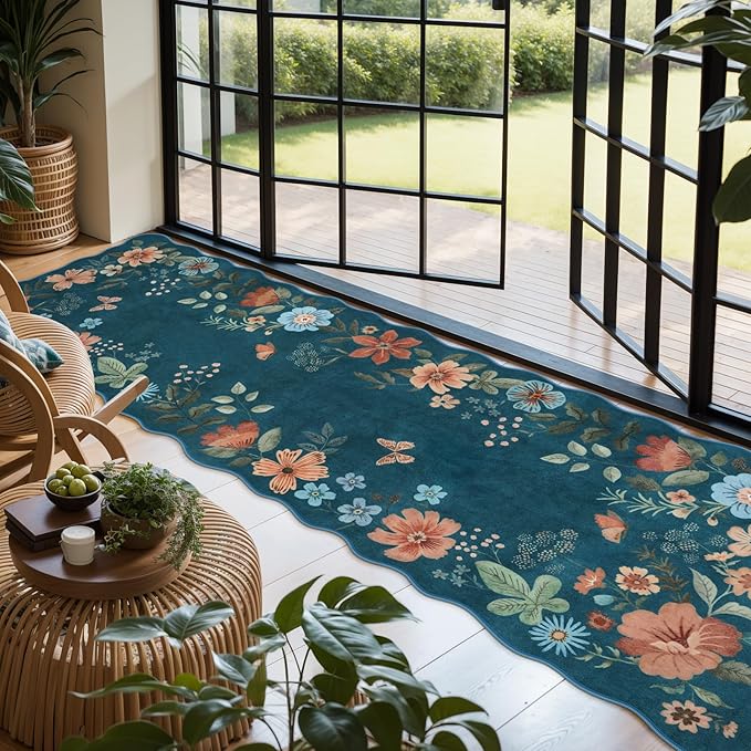 Lahome Floral Washable Runner Rug, 2'6''x8' Soft Hallway Runner Rug Non Slip, Boho Ultra-Thin Kitchen Runners for Hallways with Rubber Backing Carpet for Laundry Bedroom Bathroom Flore (Navy Blue)