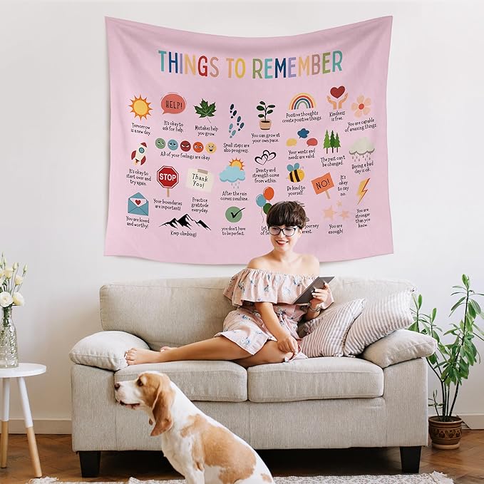 WARDOS Mental Health Pink Tapestry, Things to Remember Inspirational Tapestry Wall Hanging, Positive Affirmation Psychology Wall Blanket Decor for Therapy Calming Office Classroom, 50x60 Inch