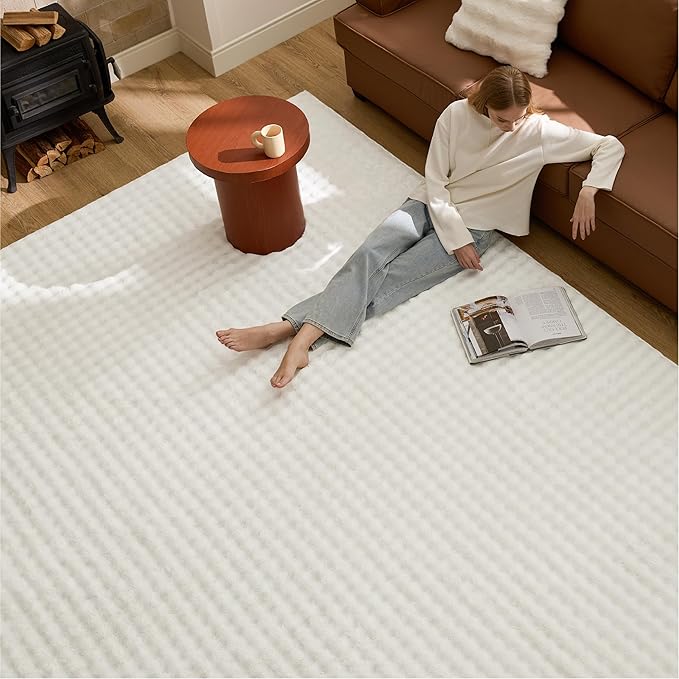 Bedsure 6x9 Fluffy Area Rugs for Living Room, Machine Washable Rugs, Non-Slip Backing, Non-Shedding, Pet Friendly Throw Rug for Bedroom Dining Room, Coconut White