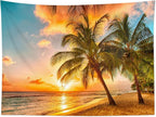 HVEST Beach Palm Tree Tapestry Wall Hanging, Nature Sunrise and Sunset Scence Tapestry, Ocean Coastal Landscape Tapestry for Living Room Bedroom Aesthetic Decor, 60L x 80W Inches