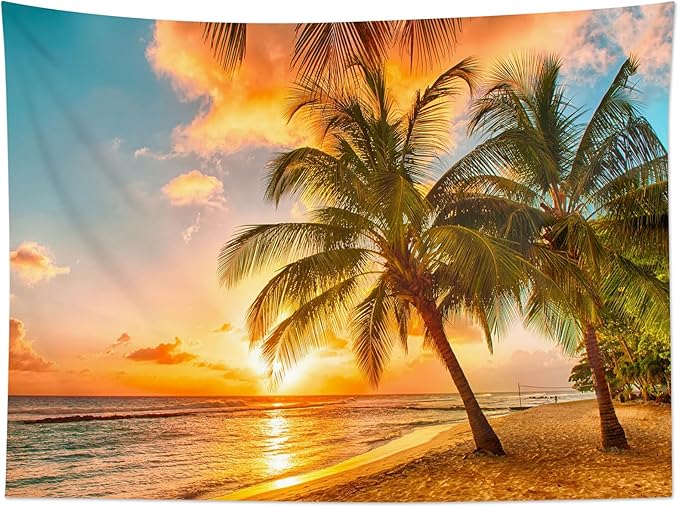 HVEST Beach Palm Tree Tapestry Wall Hanging, Nature Sunrise and Sunset Scence Tapestry, Ocean Coastal Landscape Tapestry for Living Room Bedroom Aesthetic Decor, 60L x 80W Inches