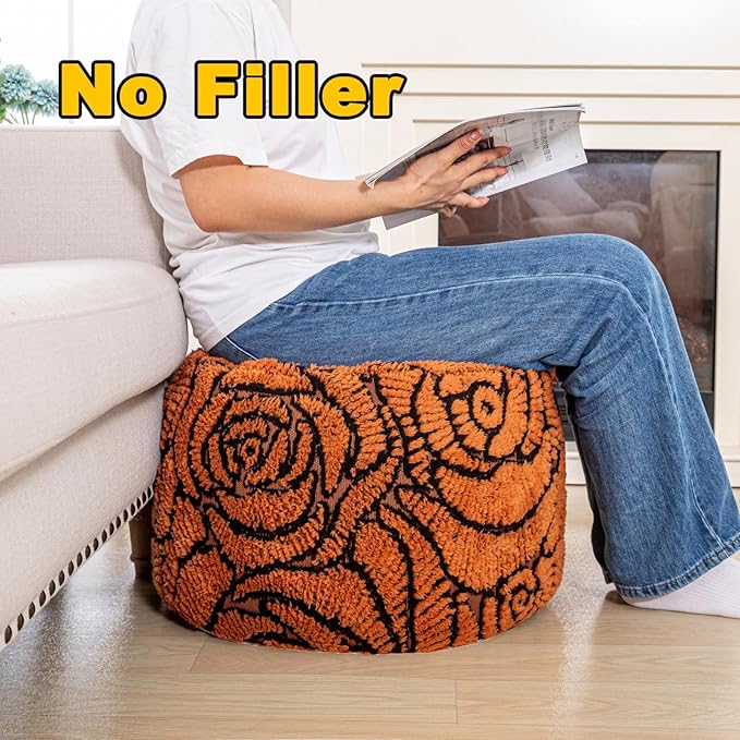 Asuprui Fluffy Flower Pouf Ottoman Cover Only – 20"x14" Round Plush Fuzzy Pouf Shell for Footrest, Stool or Floor Seat, Soft Removable Home Decor (No Insert Included) (Burnt Orange)
