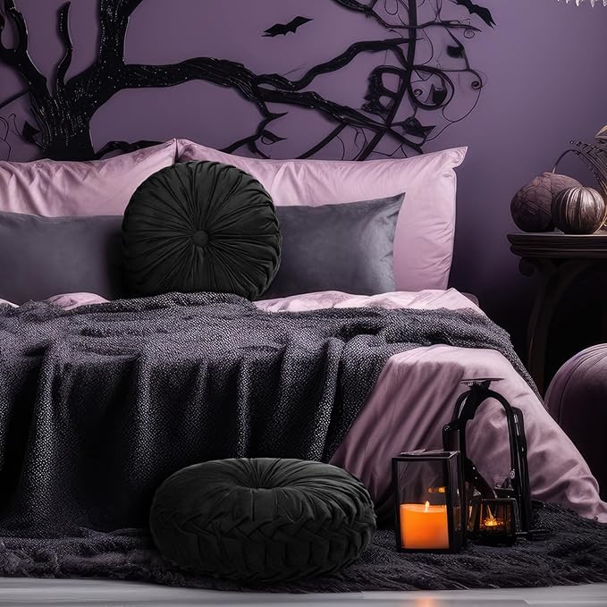 2 Pcs Round Throw Pillows 15 Inch Decorative Velvet Pleated Pumpkin Pillows Boho Floor Pillow with Center Button for Living Room Couch Chair Bed Sofa Home Decoration (Black)