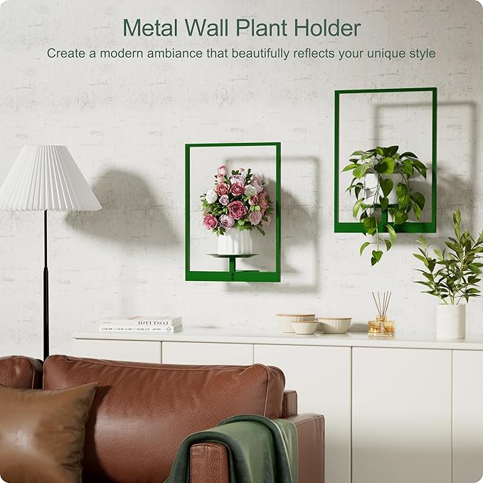 Green Metal Wall Plant Holder - 3-Pack Wall Mounted Plant Stands and Hanging Holders for Indoor Planter and Flower Pot -Rectangle Decor Shelf for Plant Storage (Pot Not Included)