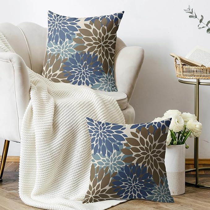 Brown Blue Pillow Covers 16X16 Inch Set of 2, Spring Summer Floral Dahlia Flower Cream Decorative Throw Pillow Covers Outdoor Modern Farmhouse Cushion Case for Home Couch Sofa Bed Decor