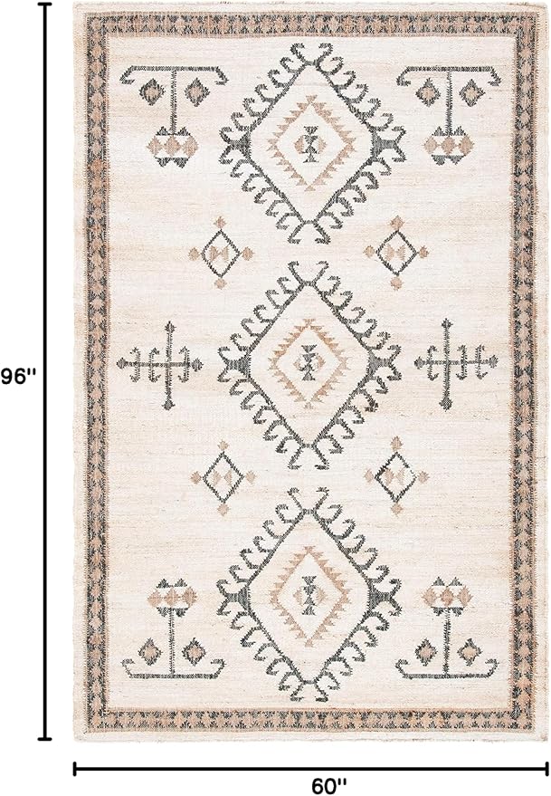SAFAVIEH Kilim Collection Area Rug - 5' x 8', Ivory & Black, Handmade Flat Weave Jute, Ideal for High Traffic Areas in Living Room, Bedroom (KLM762A)