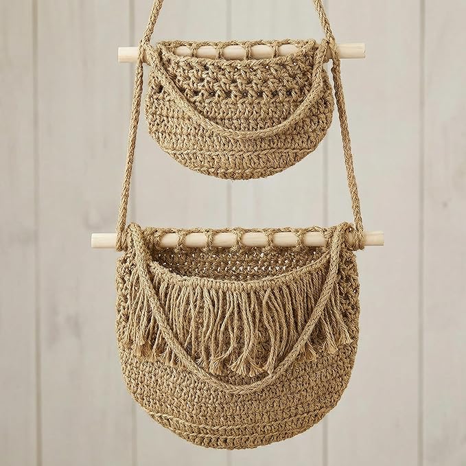 Cabilock 3 Tier Hanging Fruit Basket for Kitchen - Boho Macrame Woven Wall Storage for Onion and Potato, Space-Saving Cotton Rope Produce Organizer for Pantry & Bathroom