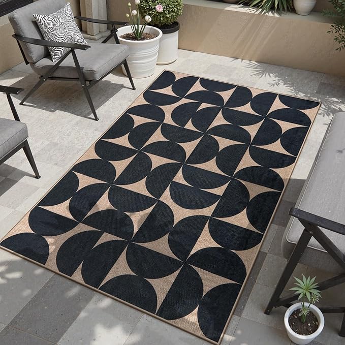Lahome Modern Geometric Easy Jute Entryway Rug 3x5, Indoor Outdoor Washable Rug for Living Room, Neutral Semi-Circle Black Carpet for Dining Room Patio Front Door