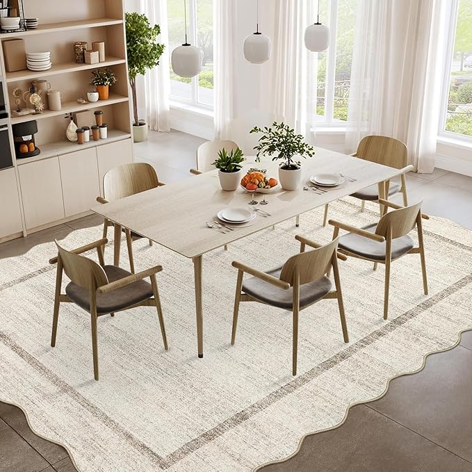 GarveeHome Scalloped Washable Rug 4x6, Beige Boho Living Room Area Rug, Bordered Non-Slip Farmhouse Bedroom Carpet Dorm Room Throw Rug, Low Pile Soft Accent Mat for Kitchen Entry Office 4'x6' Beige