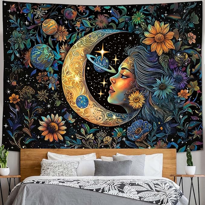 Accnicc Sun and Moon Tapestry for Bedroom Hippie Boho Floral Flower Plant Wall Tapestry Aesthetic Vintage Galaxy Celestial Star Spiritual Large Tapestries Wall Hanging for Living Room Dorm 80 x 60 Inch