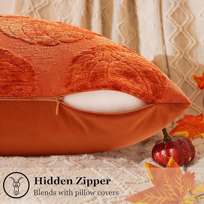 decorUhome Decorative Rust Pumpkin Thanksgiving Throw Pillow Covers 18x18 Set of 2, Soft Chenille Jacquard Farmhouse Textured Pillow Covers for Couch Bed Sofa Autumn Harvest Halloween Holiday
