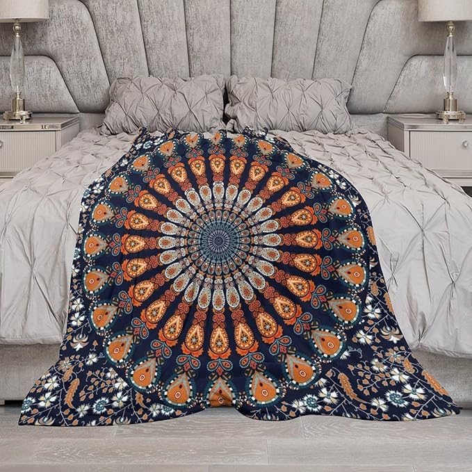 Indian Hippie Bohemian Throw Blanket Beautiful Peacock Mandala Blanket for Sofa Bed Couch Chair Or Dorm 70"x80"