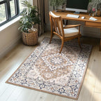 Lessymo 4 x 6 Area Rugs for Living Room- Machine Washable Area Rugs Boho Faux Wool Low Pile Area Rug for Bedroom, Floral Medallion Vintage Rugs Kid & Pet Friendly, Brown Beige