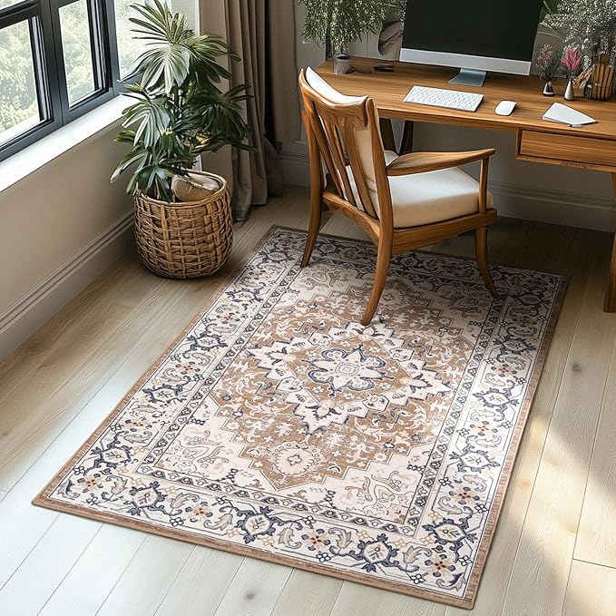 Lessymo 3 x 5 Area Rugs for Living Room- Machine Washable Area Rugs Boho Faux Wool Low Pile Area Rug for Bedroom Floral Medallion Vintage Rugs with Non-Slip Rubber, Kid & Pet Friendly,Brown Beige