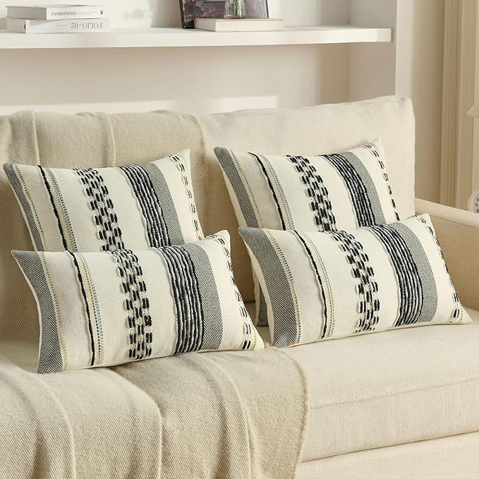 FUTEI Black White Decorative Throw Pillow Covers 20x20 Inch Set of 2, Soft Tufted Striped Textured Accent Cushion Case,Boho Pillows for Couch Decor