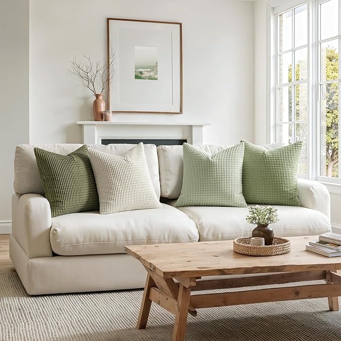 MIULEE Modern Farmhouse Decorative Spring Pillow Covers 18x18 Inch Set of 4 Natural Rustic Throw Pillows Neutral Warm Soft Corduroy Couch Pillowcases Home Decor for Sofa Living Room Bed Light Green