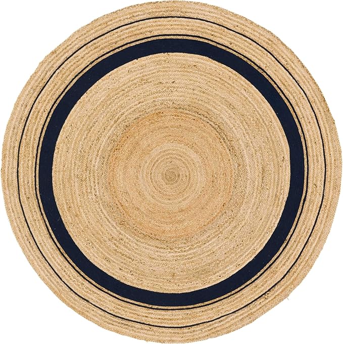 Unique Loom Braided Jute Collection Classic Quality Made Natural Hand Woven with Coastal Design Area Rug (8' 0 x 8' 0 Round, Natural/ Navy Blue)