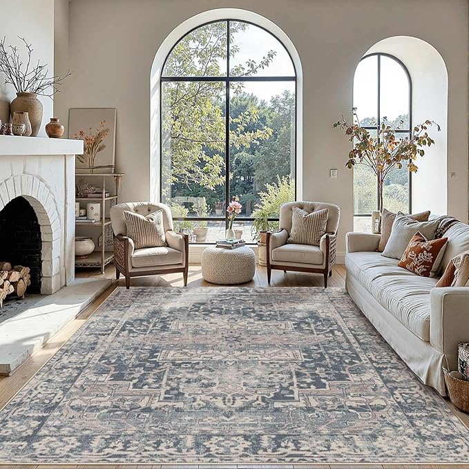 6x9 Area Rugs for Living Room Bedroom, Large Washable Rug, Blue Vintage Floral Boho Style, Non Slip & Low Pile Carpet for Indoor Dining Room, Dorm and Kids Room(Blue 6x9ft)
