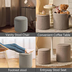 Round Ottoman with Storage Set of 2 - Upholstered Sherpa Vanity Stool for Makeup Multifunctional Ottomans Coffee Table Padded Seat Foot Rest for Living Room & Bedroom (Sherpa Gray)