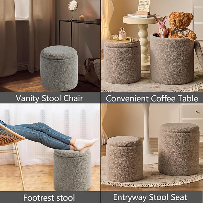 Round Ottoman with Storage Set of 2 - Upholstered Sherpa Vanity Stool for Makeup Multifunctional Ottomans Coffee Table Padded Seat Foot Rest for Living Room & Bedroom (Sherpa Gray)