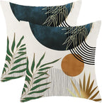 Boho Pillow Covers 18x18 Set of 2 Green Gold Navy Blue Throw Pillows Tropical Leaves Sunset Decor Modern Mid Century Pillowcase Outdoor Decorations Bohemian Linen Cushion Case for Couch Sofa